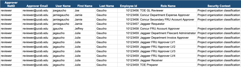 Sample certification spreadsheet with one row per access assignment. The columns, left to right, are Approver, User Name, Employee ID, Role Name and Security Context.