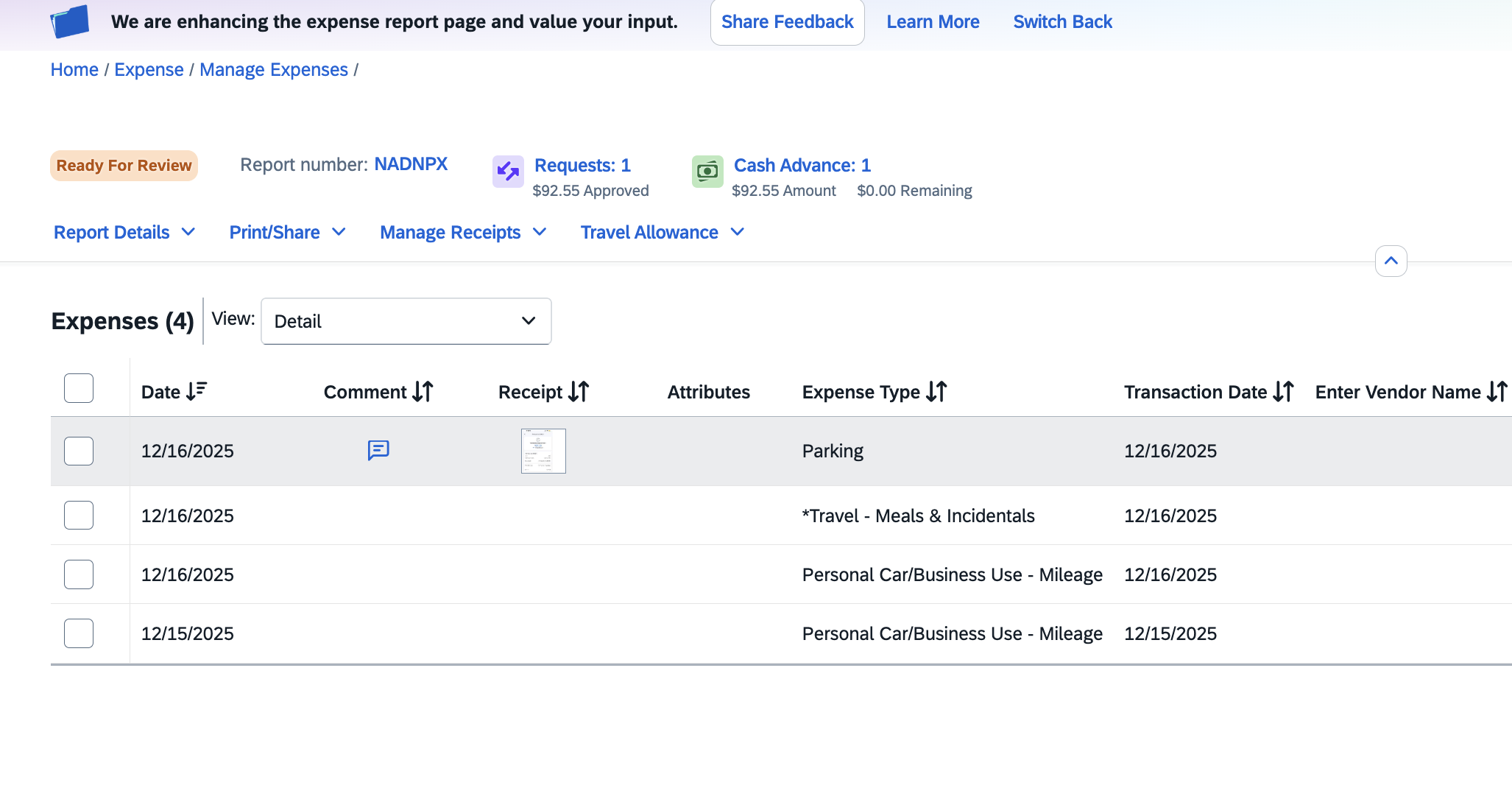 screenshot of new expense report UI